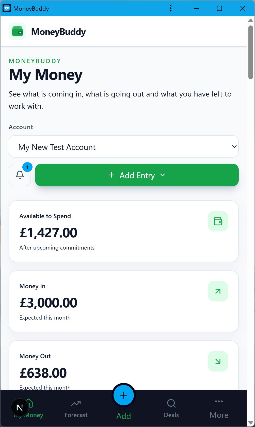 MoneyBuddy My Money dashboard showing available to spend, money in and money out